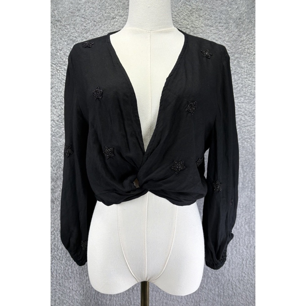 Surf Gypsy Women Cropped V-Neck Black Beaded Balloon Slv Bohemian Top Medium